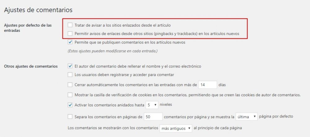 Ajustes de comentarios WordPress