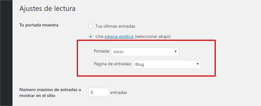 Ajustes de lectura WordPress