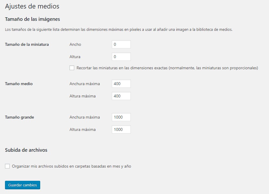 Ajustes de medios WordPress