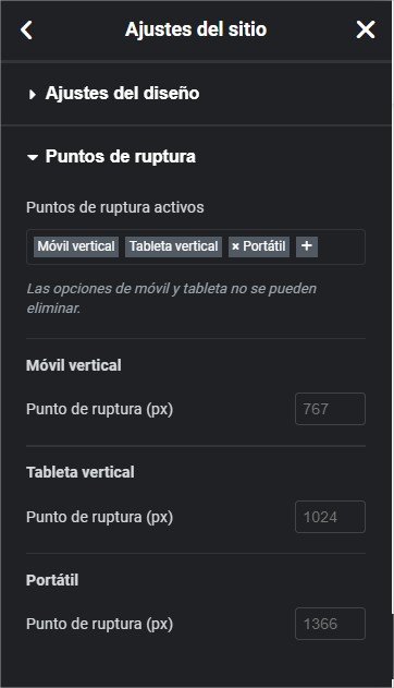 ajustes de ruptura elementor