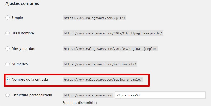 Ajustes enlaces permanentes WordPress