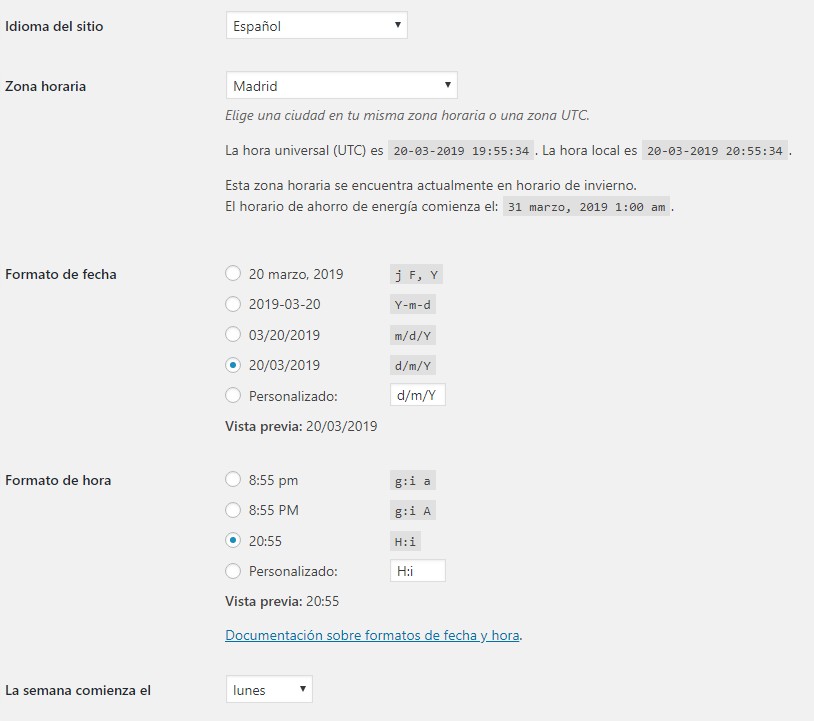 Ajustes fecha hora WordPress