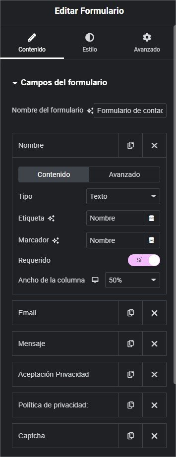 ajustes formulario de contacto elementor