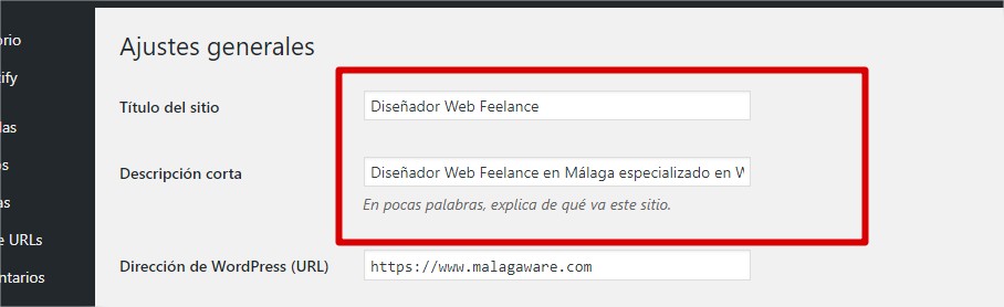 Ajustes generales WordPress titulo y descripcion