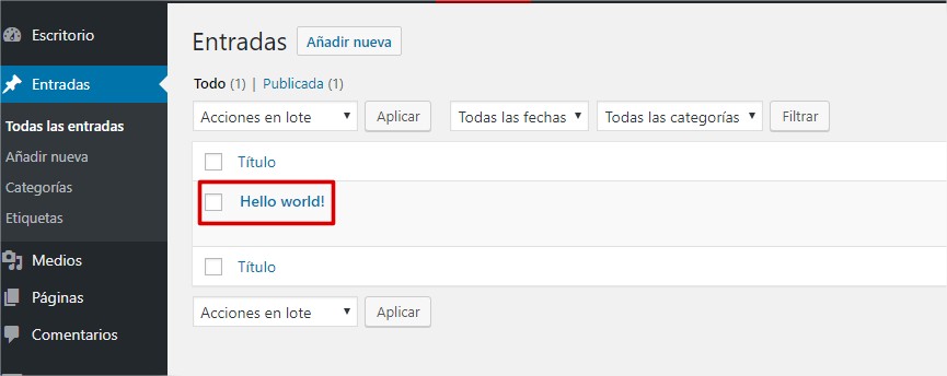 Borrar entrada hello word WordPress