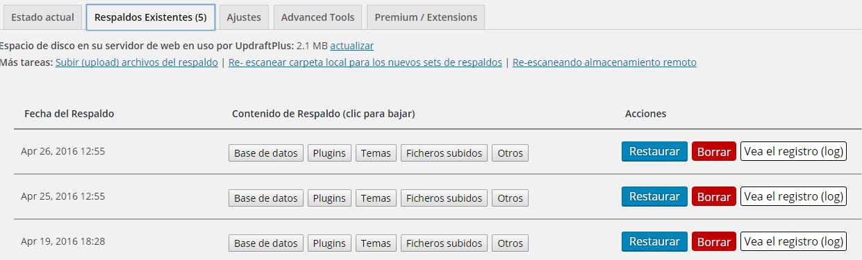 UpdraftPlus respaldos existetes