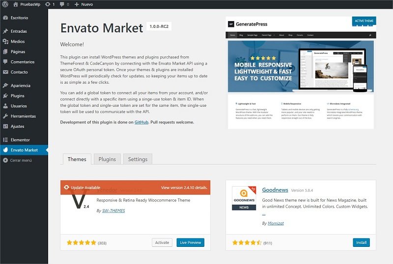 actualizar temas WordPress con Envato Market Plugin