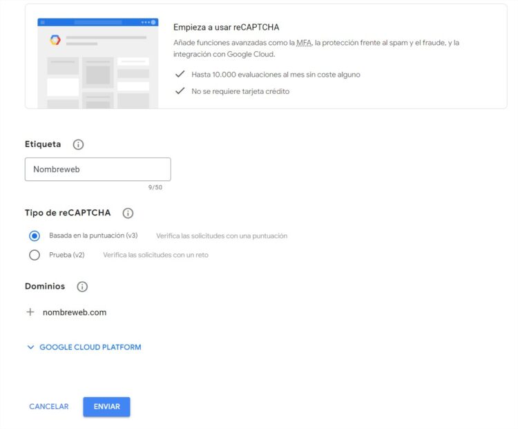configuracion dominio recaptcha v3