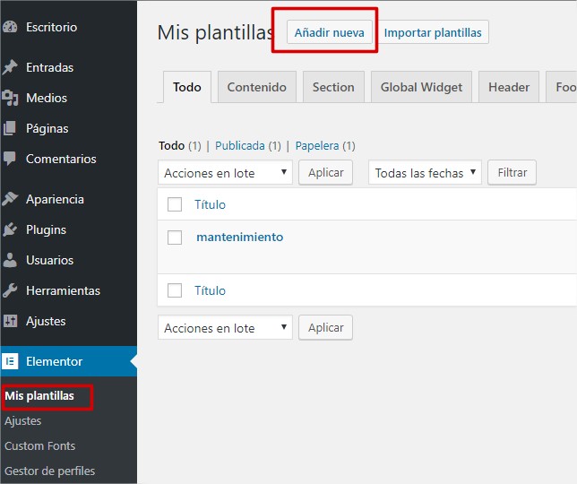 crear plantilla con elementor