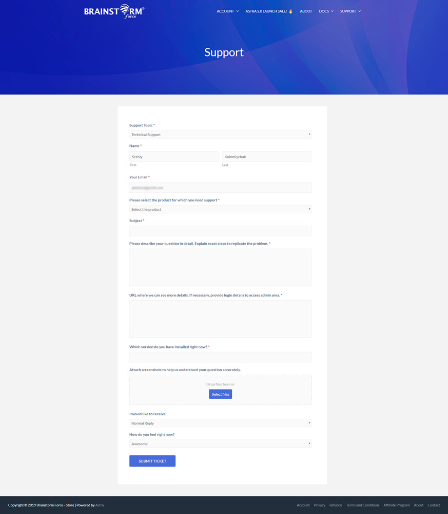 Formulario de soporte de Astra Pro Theme